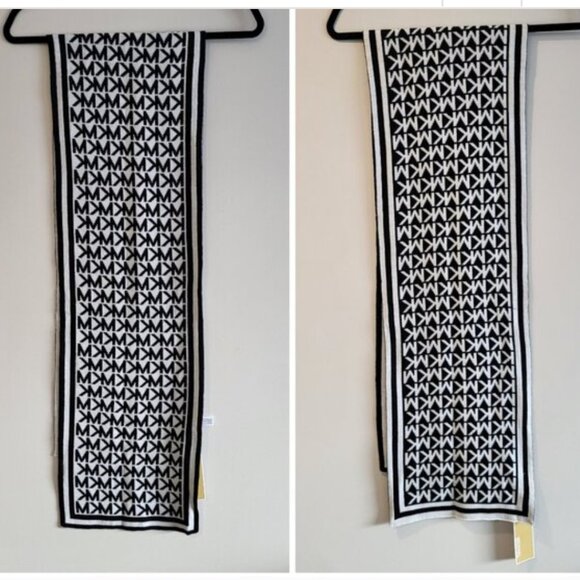 Michael Kors Signature Brand Logo Print Black and White Knit Plush Scarf - Picture 2 of 4